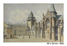 QUADRO ANTICO FINE XIX SECOLO VEDUTA ABBAYE NOTRE-DAME D'ÉVRON FRANCIA NZ2