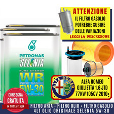 KIT TAGLIANDO ALFA ROMEO GIULIETTA 1.6 MJT 105 CV 2010 +4 L OLIO SELENIA WR 5W30