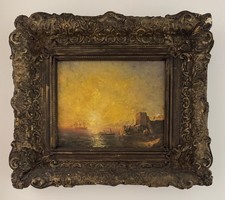 QUADRO OLIO TELA FORSE COSTIERA NAPOLI TRAMONTO CORNICE FIRMATO OROPKOV 1900ca
