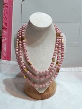 Collana Vintage Multifilo In Vetro Rosa E Cristalli, Con Susta Dorata