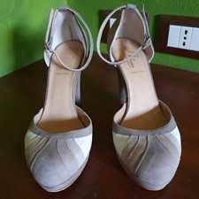 scarpe donna decolté cinturino caviglia tacco vera pelle camoscio bicolore N.36