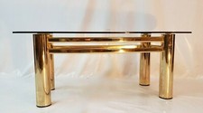Tavolino basso da caffè vintage in cristallo e ottone ,vetro fumé Italia 1960