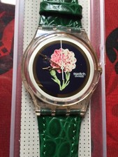 Orologio da polso SWATCH Gent ROSATHEA (GP110)-bel fiore! Pelle verde! L@@K!