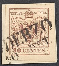 [FASILMBVEN0053] LOMB.VENETO 1855 [ S.21b] 30c Bruno Grigiastro USATO Δ ODERZO