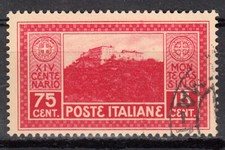 A-5618- 1929 REGNO Montecassino 75 + 15 cent rosso Sass. n°265 usato