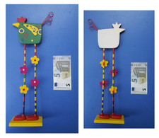 Uccello verde in legno colorato trampoliere gru airone gallo artigianato cm 37