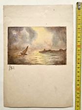 Acquerello Mare Barca Vela Bozzetto Paesaggio 1922 Anni 20 24x17