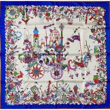 Foulard Hermes La Folle Parade 90 Cm Seta Bianca Blu Carre Cavallo