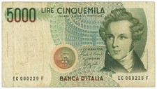 5000 LIRE BANCA D'ITALIA VINCENZO BELLINI LETTERA C EC 000229 F 10/09/1992 qBB