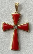 Croce Corallo Aka Giappone In Oro Giallo 18kt E Brillante