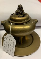 ANTICO INCENSIERE IN BRONZO DORATO CON MASCHERONI E CANE DI PHO CINA QUING XIX S