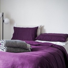 Set lenzuola lino colore prugna copripiumino morbido lino con bottoni cocco