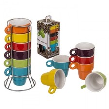 Set 6 tazzine da caffè espresso impilabili colorate moderne con supporto acciaio