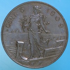 VITTORIO EMANUELE III 5 CENTESIMI 1909 ITALIA SU PRORA  RAME COIN MONETE qFDC