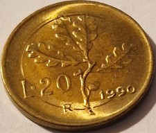 ITALIA MONETA 20 LIRE 1990 ERRORE CONIO - CERCHIO INTORNO AL RAMO DI QUERCIA FDC