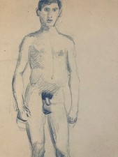 Disegno Nudo Accademico Mine Piombo Blu Arte Antico Uomo Matita Ritratto 1910