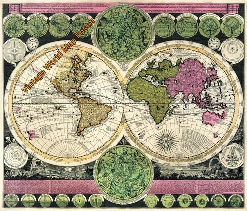 Poster vintage mappa del - , mondo