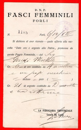 Ricevuta oro alla patria pnf - alla,