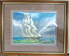 QUADRO VINTAGE Veliero rifrangente con cornice in legno 27x33