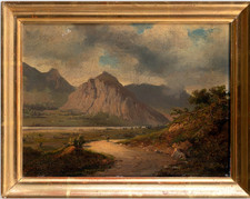 Antico Dipinto Olio Paesaggio Romantico Montagna Viandante Scuola '800 Originale