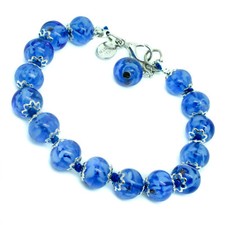 Bracciale Vetro di Murano Argento Blu Reale Fatto a Mano 15 Perline Sommerso Venezia Italia