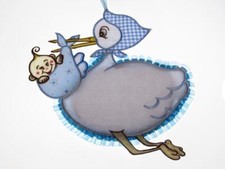 FIOCCO NASCITA/COCCARDA CICOGNA AZZURRO CON AIDA RICAMABILE