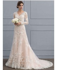 Abito da sposa a tromba/sirena scollo a V corte treno tulle pizzo, taglia:...
