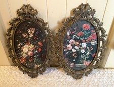 2 quadri floreali vintage Italia ottone ornato ovale da appendere retro velluto MCM 8” X 5”