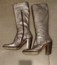 ROCCO P. STIVALI DONNA IN PELLE ARGENTO CON FORI, TG 37, TACCO 10 CM COME NUOVI 