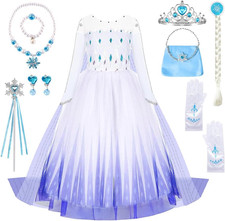 Costume Elsa Frozen Bambina, Vestito Elsa Con Corona, Bacchetta, Guanti E Trecci