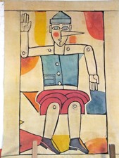 pinocchio pannello grande tecnica batik tessuto cotone tintura  a colori sospeso