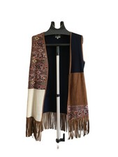 Nuovo Gilet OVS Patchwork con Frange Blu e Multicolore Taglia S smanicato