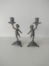 Candelabri Putto Una Fiamma Portacandele In Puro Ottone Vintage 
