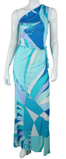Maxi abito monospalla EMILIO PUCCI blu e stampa multi geometrica jersey 38