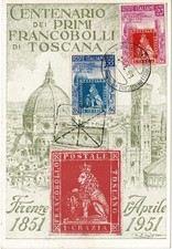 1951 CARTOLINA MAXIMUM SERIE CENTENARIO FRANCOBOLLI TOSCANA MF130160