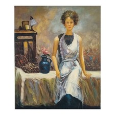 Quadro Dipinto a Mano 50x60 cm Made in Italy Una Dama e un Vaso Sul Tavolo