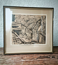 Disegno vintage svedese a inchiostro, vista sul tetto, metà secolo, firmato