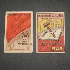 Lotto di 2 tessere Partito Socialista Italiano 1945/46 ingiallite,ben conservate