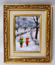 Dipinto Dominic Mingolla smalto su rame bambini in neve