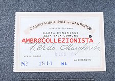 Tessera Ingresso Casinò Municipale Sanremo - anni 50