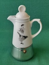 CAFFETTIERA VINTAGE ACCIAIO INOX E PORCELLANA BIANCA DECORATA 3 TZ NUOVA. BD25