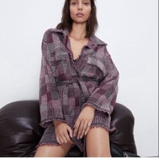 MAGLIONE CARDIGAN scintillante Zara CHECK TWEED KNIT OVERSHIRT Shacket rosa rosso piccolo