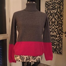 NUOVO Maglione a collo alto in lana merinos e cachemire grigio e fucsia taglia S