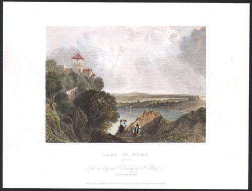 1845 gravure aquarellée lac - ,