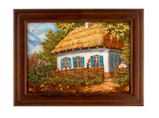 Il quadro decorato con ambra raffigura una casa ucraina con accoglienza blu