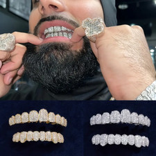 Set griglie hip hop oro bianco top&bottom 5A+ ICED CZ Out denti grillz 10 denti
