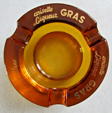 Cendrier publicitaire rond en verre fumé Anisette Liqueur Gras Export blanc