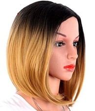 Nero Biondo Parrucca Capelli Lunghi Lisci Caschetto Sfumata Sintetici L.4630