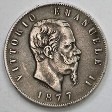 ITALIA REGNO D'ITALIA Vittorio Emanuele II 5 Lire 1877 Roma - Argento Silver