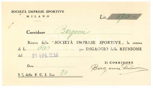 1940 ciclismo milano ricevuta - 1940,
